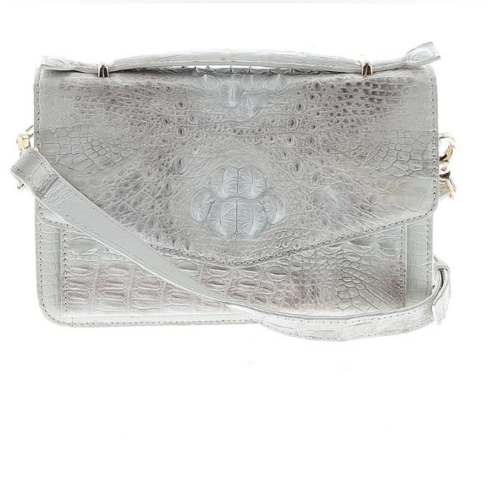 Grand Pelle Crocodile Embossed Leather White Flap Purse with Crossbody Strap